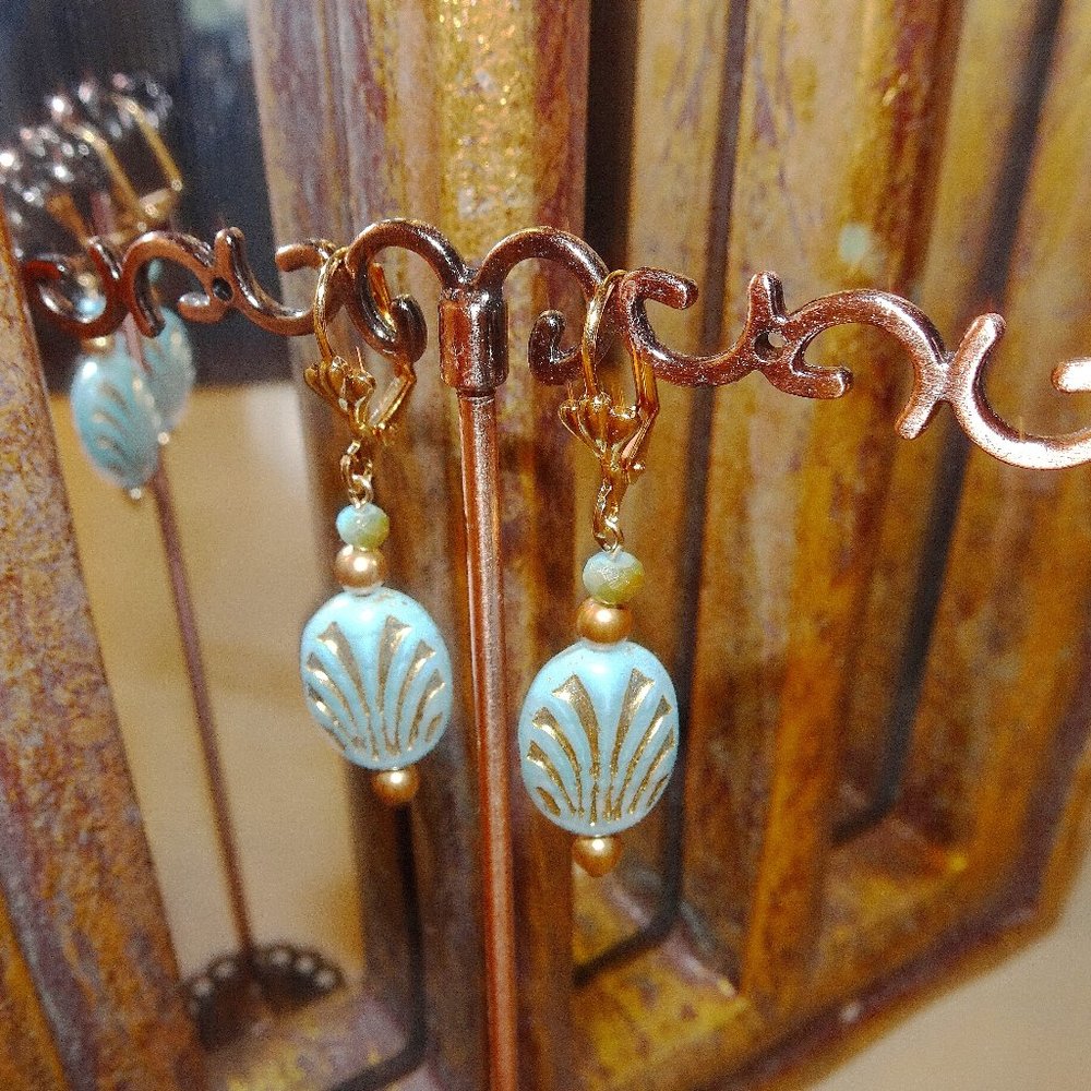 Earrings in aqua and gold art deco fan design